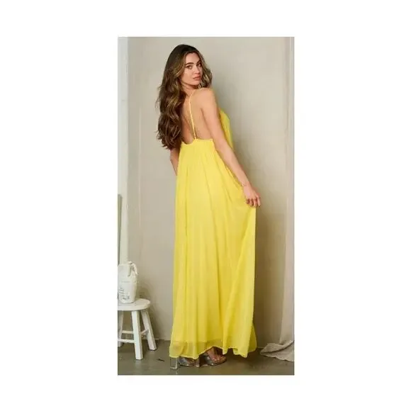 Women's Yellow V-Neck Spaghetti Strap Maxi Summer Dress